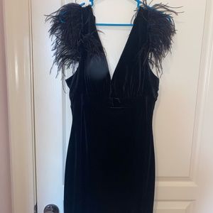 Black Velvet Mini Dress with Feather Details